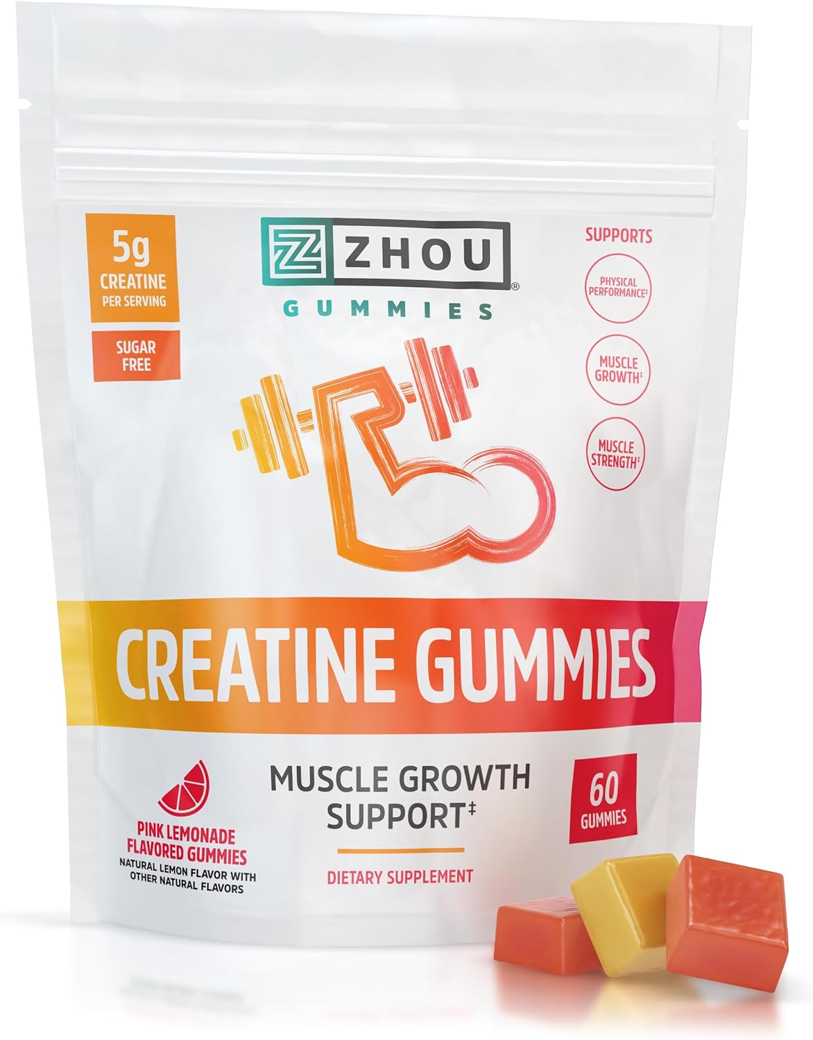 Zhou Nutrition Creatine Monohydrate Chewables 5g for Men & Women, Suga