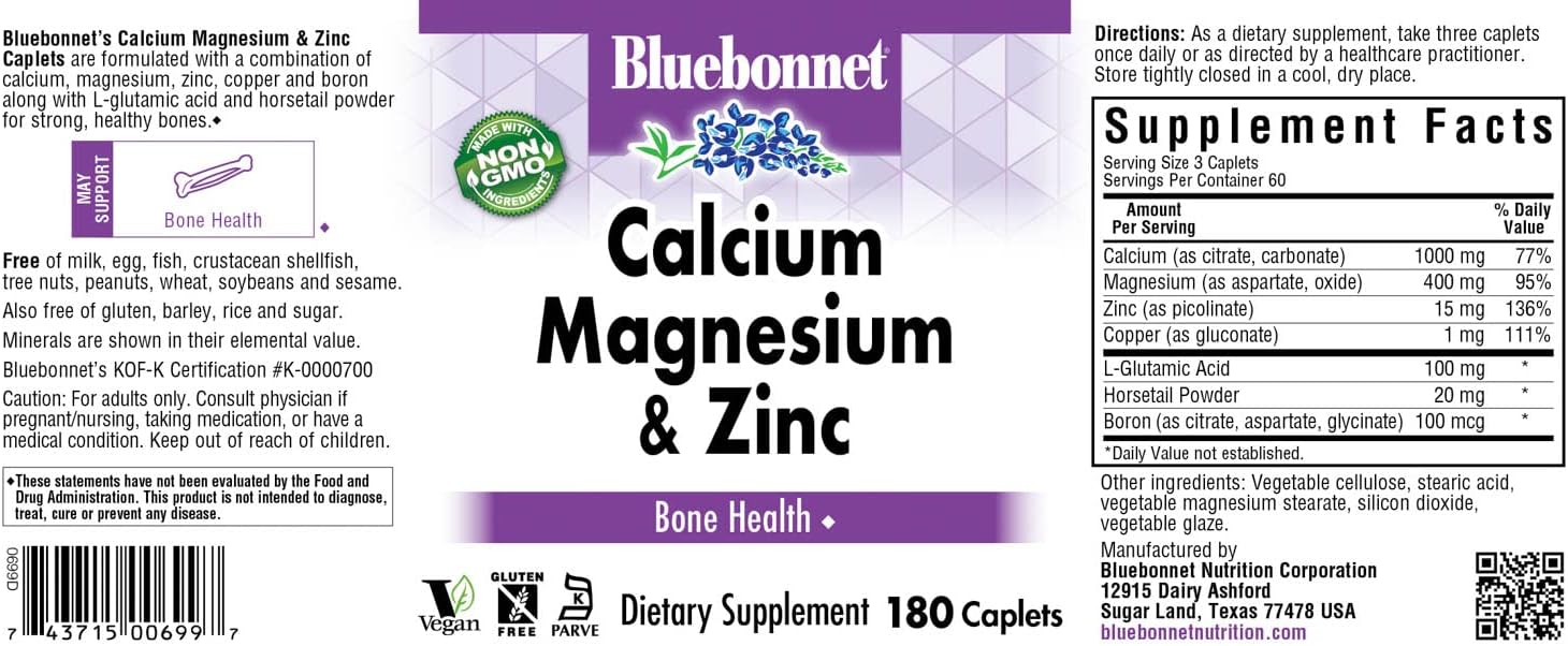 BlueBonnet Calcium Magnesium Zinc Caplets, 180 Count180 Count