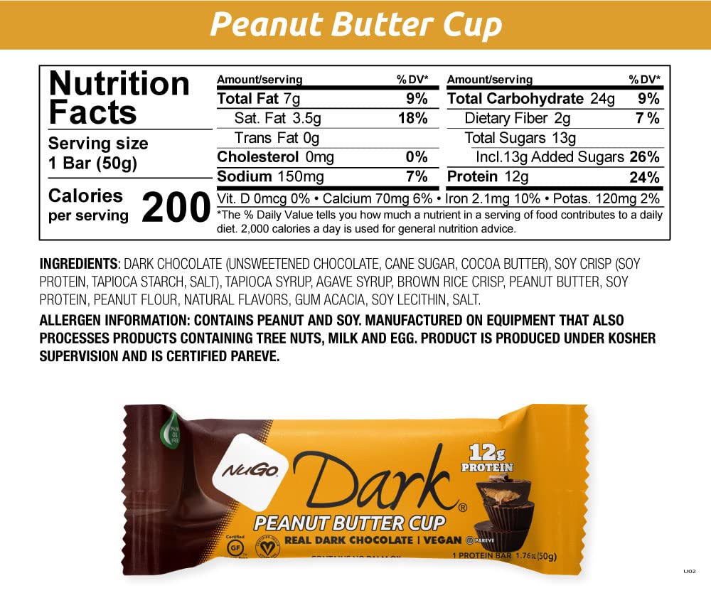 NuGo Dark Peanut Butter Cup, 12g Vegan Protein, 200 Calorie, Gluten Fr