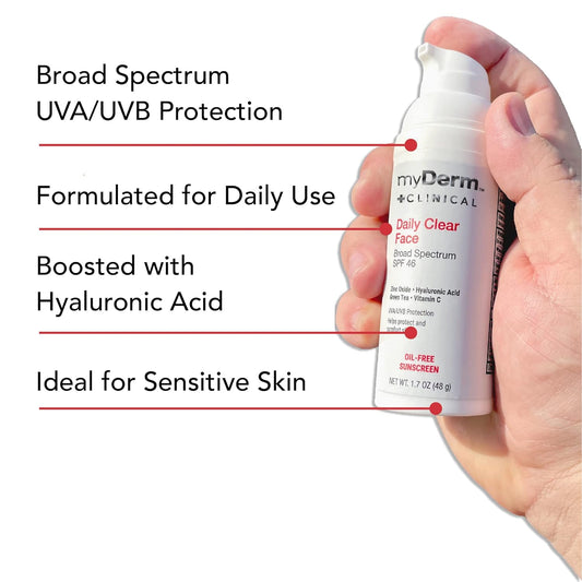 myDerm CLINICAL Daily Clear Face SPF 46 Mineral Sunscreen - 1.7 - Formulated with Zinc Oxide & Niacinamide, Fragrance Free Sunscreen for All Skin Types - Body and Facial Skin Care Products