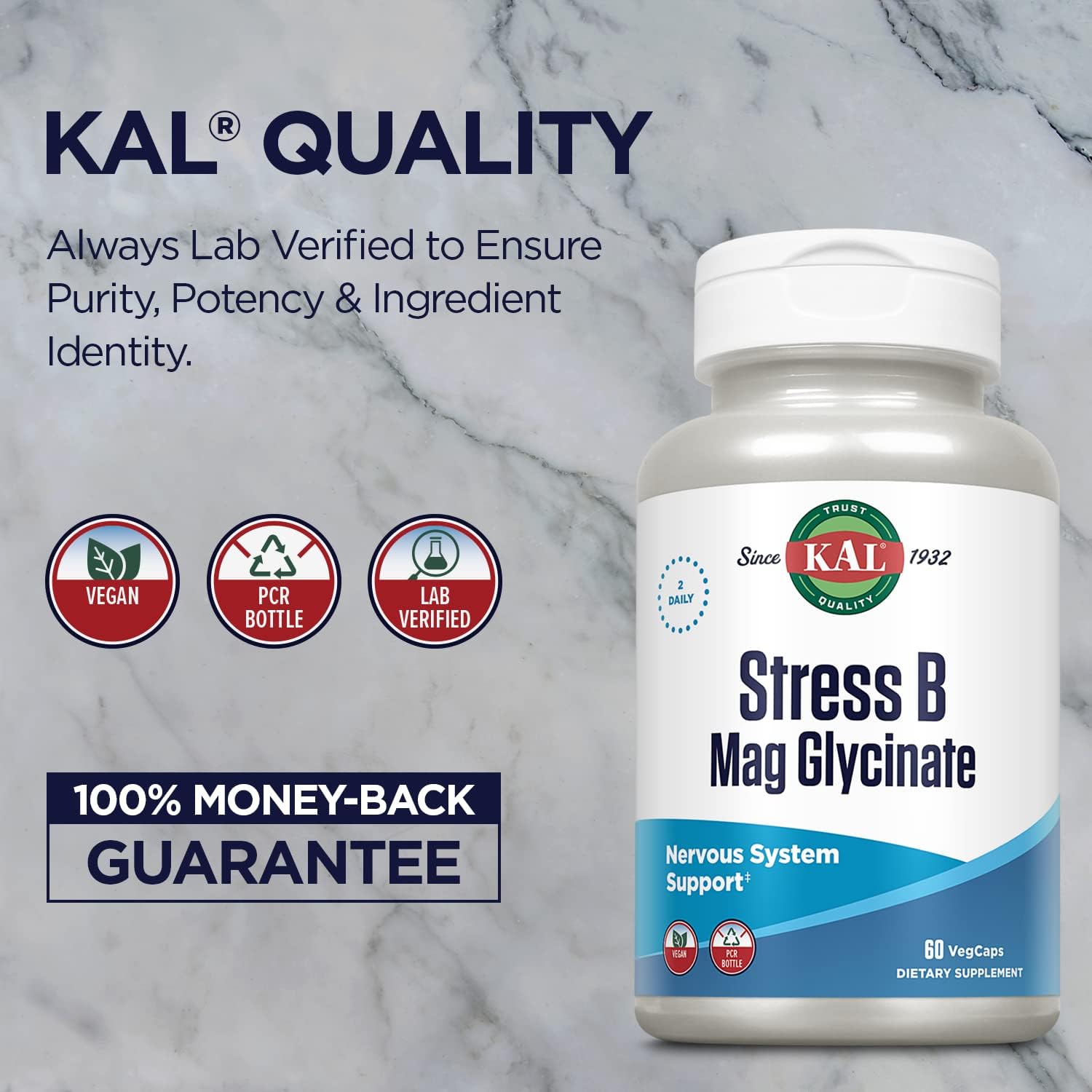 KAL Stress B Mag Glycinate, B Complex Vitamins Plus Magnesium, Active 