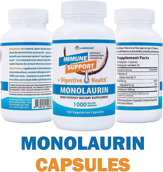 Lauricare High Potency Monolaurin Capsules- 1000mg Per Serving- 100 Co