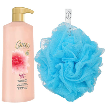 Caress Daily Silk Body Wash 25.4 . with Pump for Noticeable Silky Soft Skin - White Peach and Orange Blossom - Bundled with Bath Sponge