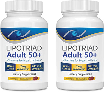 Lipotriad Adult 50+ Eye Vitamin and Mineral Supplement w/10mg Lutein, Zeaxanthin, Omega 3, Vitamin C, E, Zinc Copper, 1 Per Day, 60 Softgels - 4mo Supply - 2pck