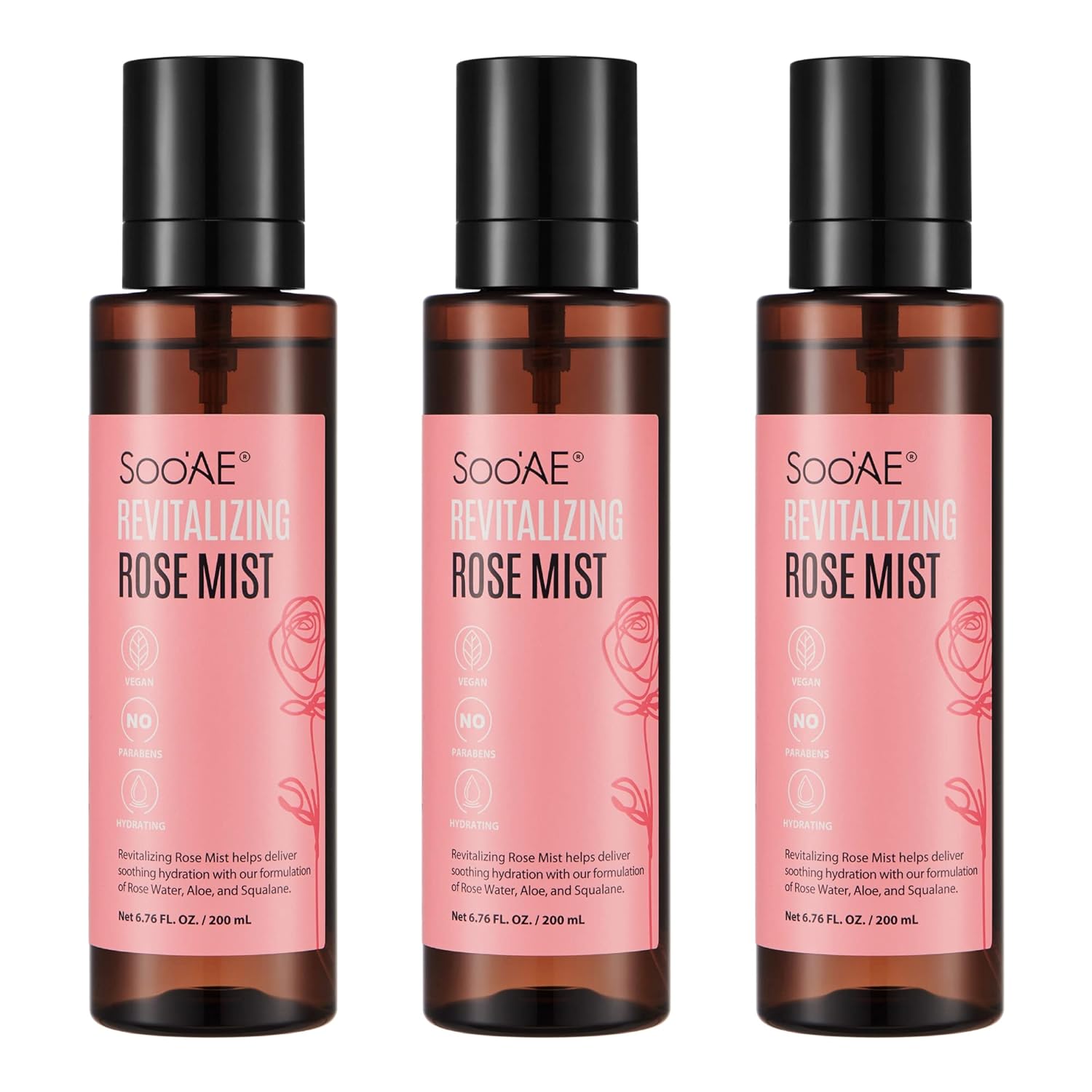 Soo'AE Revitalizing Rose Mist, Hydrating face mist spray with Rose water Alcohol Free Net 6.76 . . / 200 , 3 Count