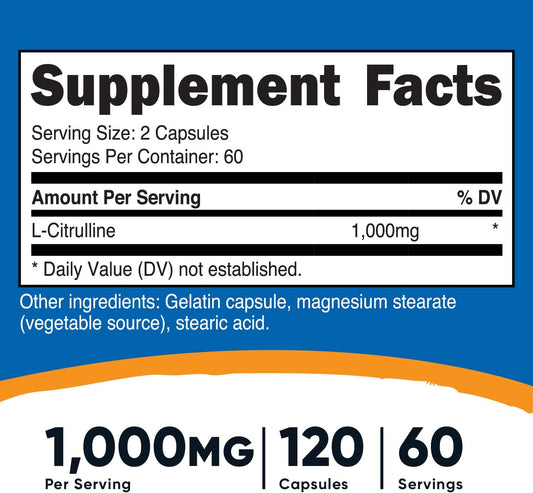 Nutricost L-Citrulline 500mg, 120 Capsules - Gluten Free, Non-GMO, 1000mg Per Serving (60 Serv)