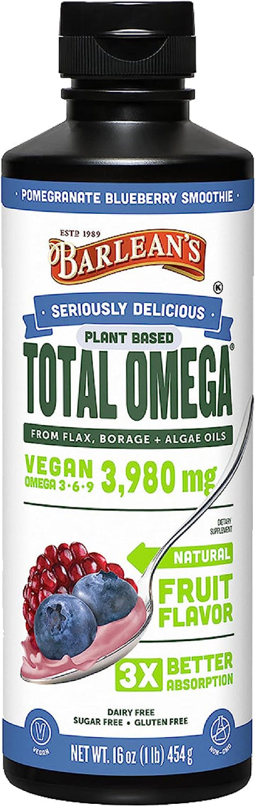 Barlean's Liq axseed, Borage & Algae Oils Omega 3 Supplement, Pomegranate Blueberry avor, Vegan EPA & DHA from Algal Oil, ax Oil and Borage Seed Oil with 3,980 mg of Omega-3-6-9, 1