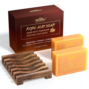 POP MODERN.C Kojic Acid Soap Dark Spot Remover Turmeric Soap for Face and Body Even out Tone Skin Vitamins C Soap for Acne Blackheads Gifts 2x Soaps 1pc Mesh Soap Pouch and Wooden Soap Holder
