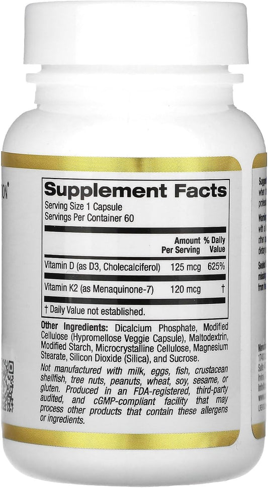 California Gold Nutrition Vitamin D3 + K2, 60 Veggie Capsules60 Count