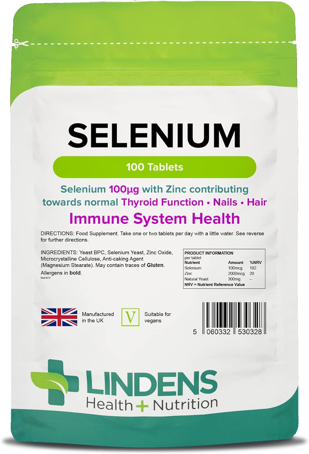 Lindens Selenium 100mcg & Zinc - 100 Vegan Tablets - Healthy Skin, Nai74 Grams