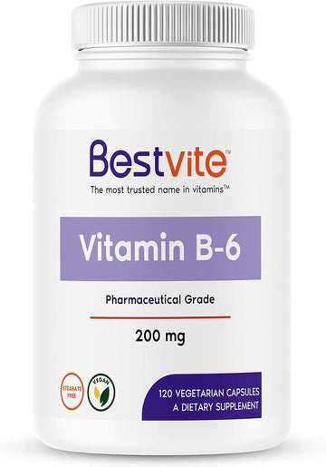 BESTVITE Vitamin B-6 200mg (120 Vegetarian Capsules) - No Stearates -