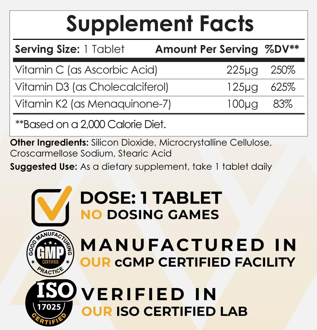 Nootropics Depot Vitamin D3 + K2 with Vitamin C Tablets | 60 Count | 1