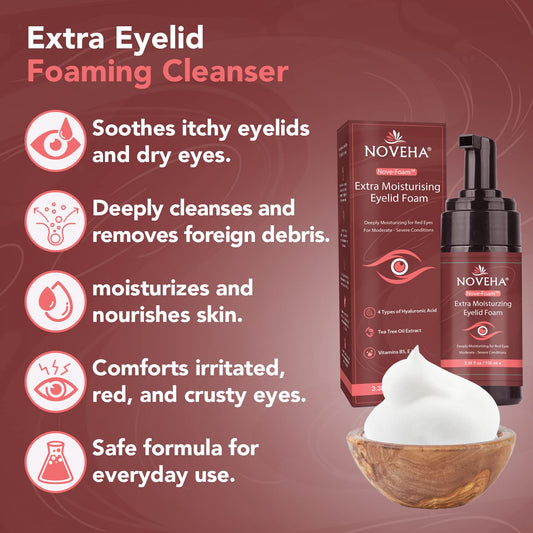 NOVEHA Extra Nove-Foam Eyelid Foaming Cleanser | Daily Skincare For Eyelash & lids, Eye Irritations, Stye Eyes, Skin Dryness, Moisturize with Organic Ingredients, For All Skin Types - 3.38