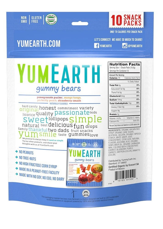 YumEarth Organic Fruit Flavored Gummy Bears, 10- .7oz. Snack Packs, Allergy Friendly, Gluten Free, Non-GMO, No Artificia
