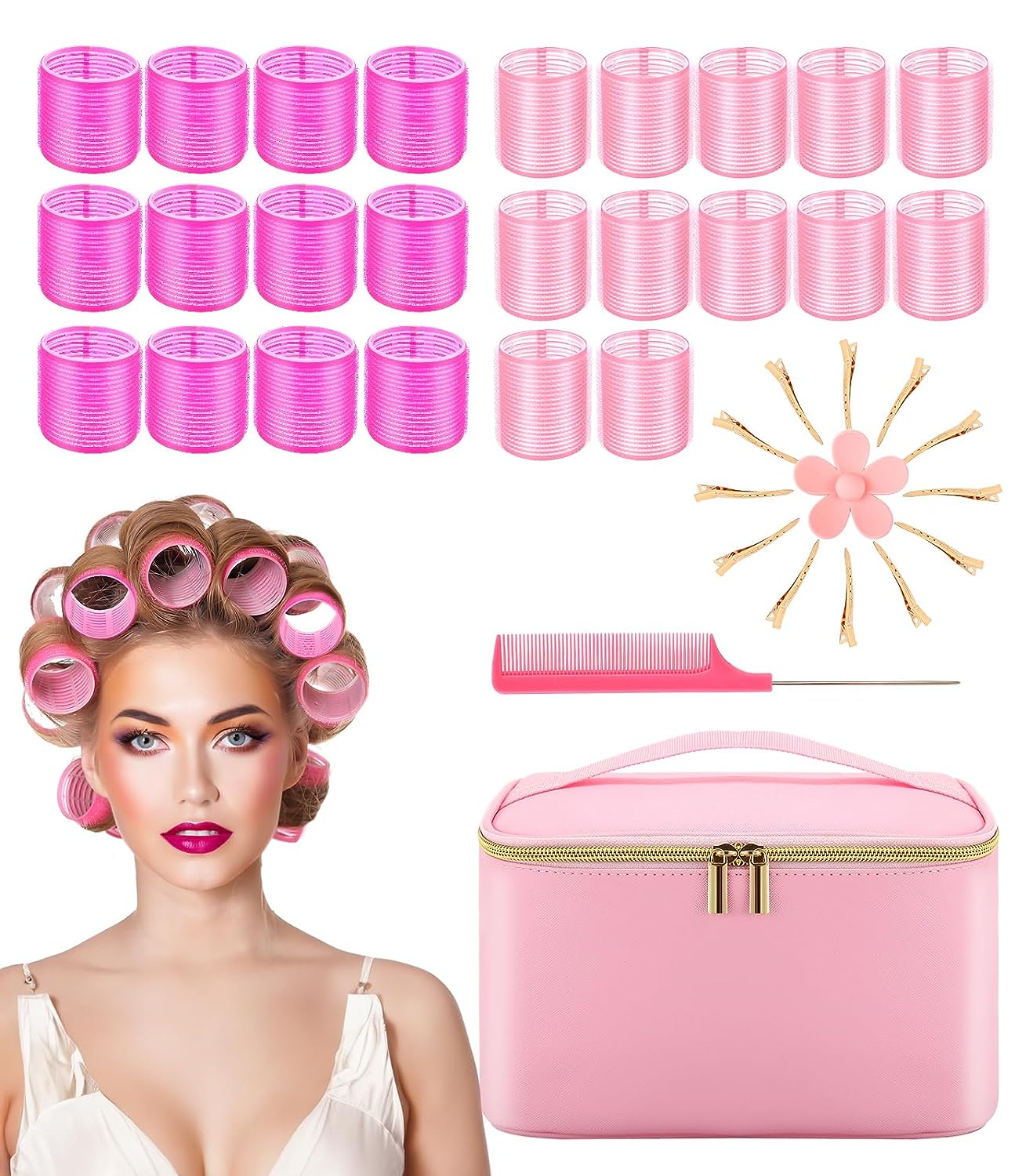 Hair Rollers - Free Makeup Carrying Case - Jumbo,Large Rollers Hair Curlers Set for Volume, Long Hair - Self Grip,No Heat Design for Blowout Look,Bangs,Curly Hair - Awesome Gift Choice - Pink