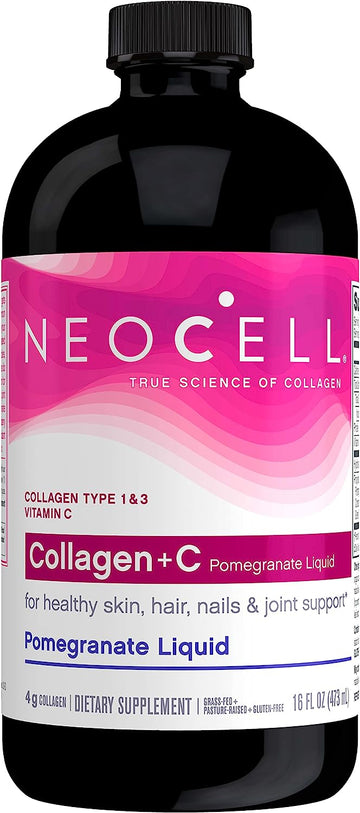 NeoCell Collagen Peptides + Vitamin C Liq, 4g Collagen Per Serving, Gluten Free, Types 1 & 3, Promotes Healthy Skin, Hair, Nails & Joint Support, Pomegranate, 1