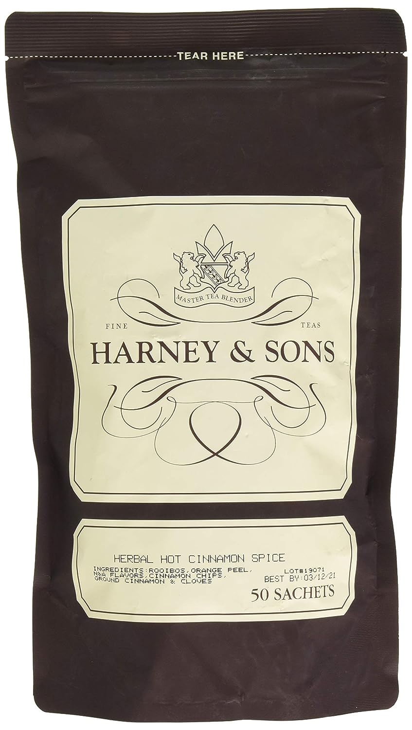 Harney and Sons Herbal Hot Cinnamon | 50 Sachets of Black Tea with Orange Peel, Clove, and Cinnamon