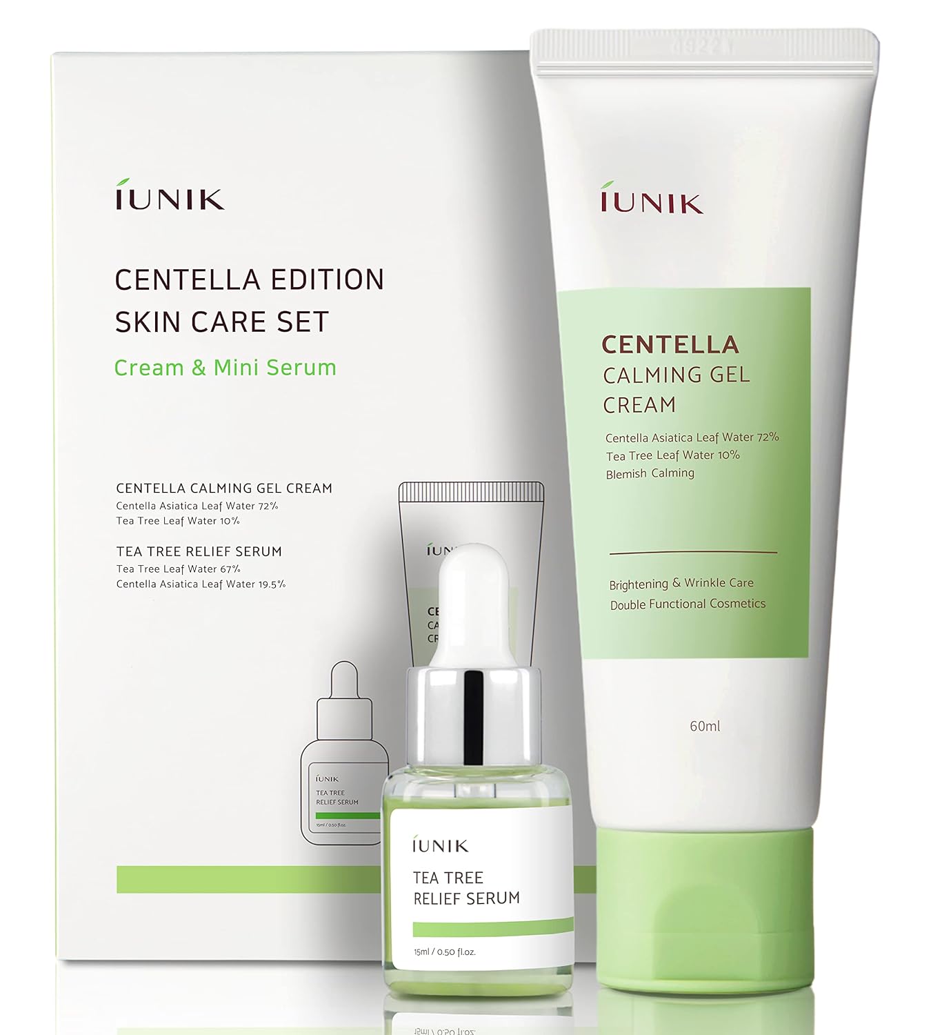 iUNIK Centella Edition Skincare Set (Cream 2.02 .. & Mini Serum 0.51 ..) - Centella Asiatica and Tea Tree Leaf Waters to Soothe, Calm, Moisturize, and Protect the Skin