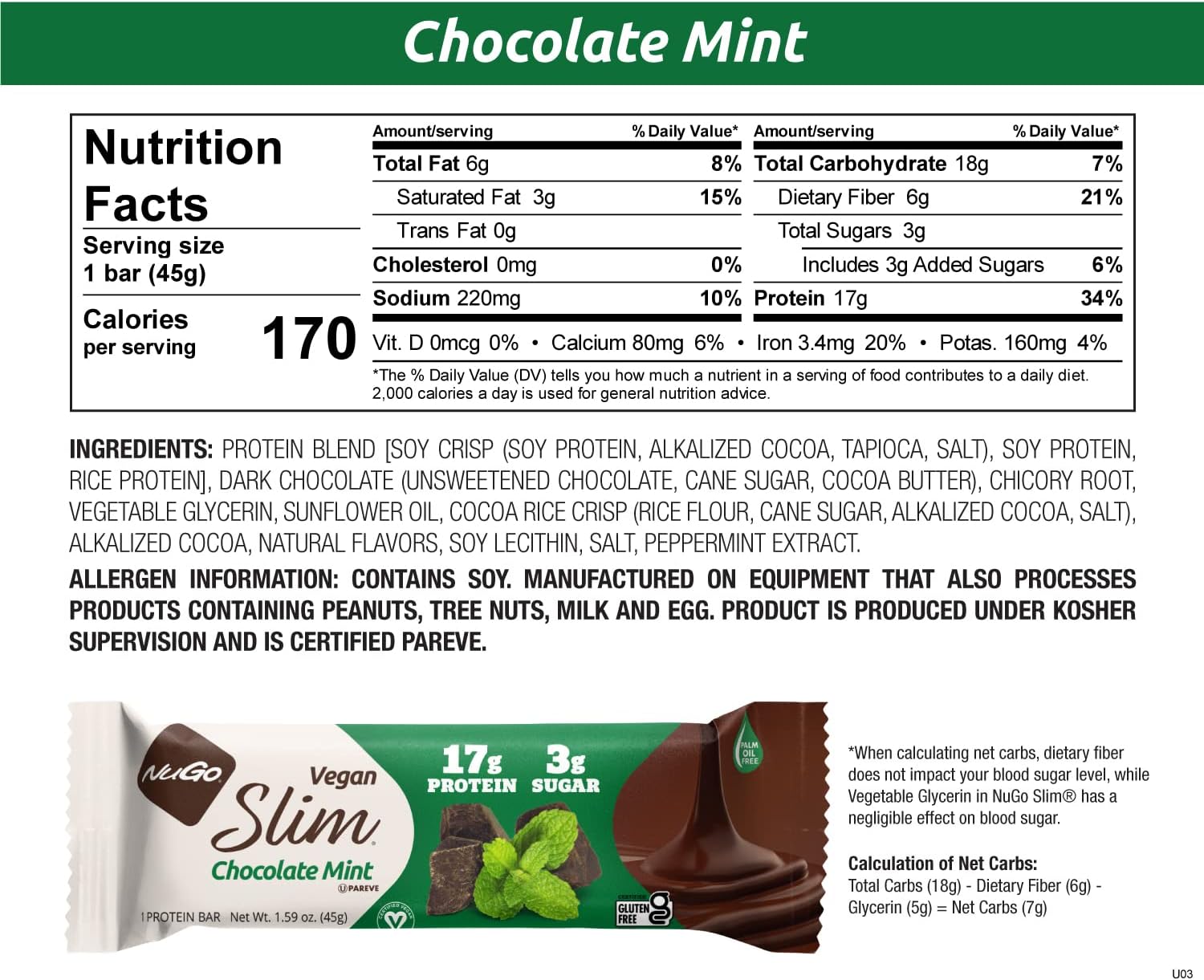 Nugo Slim Dark Chocolate Mint, 18g Vegan Protein, 3g Sugar, 6g Fiber, 