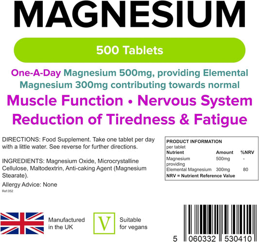 Lindens Magnesium Tablets 500mg ? 500 Tablets ? Reduces Tiredness and 0.38 Grams