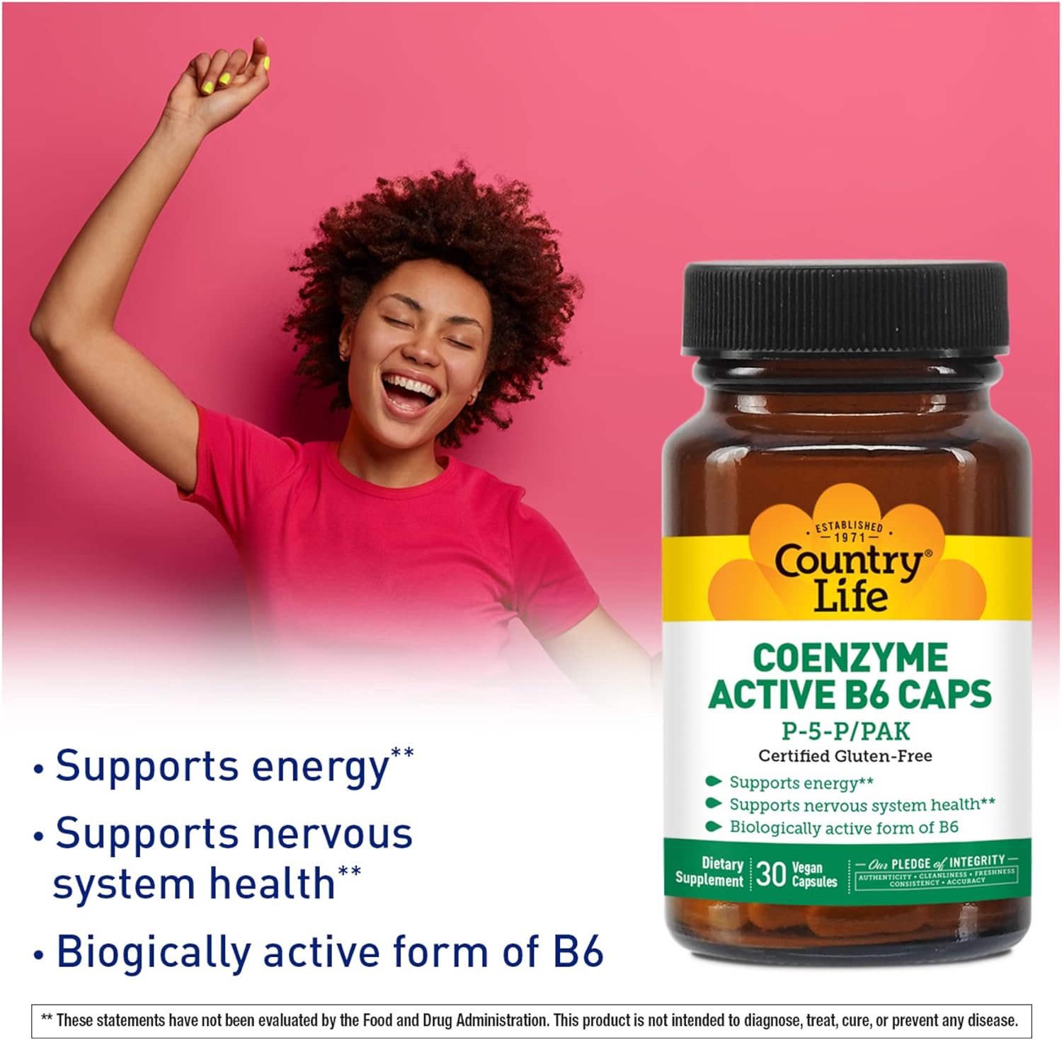 Country Life Coenzyme Active B-6 50mg, 30 Vegan Capsules, Certified Gl