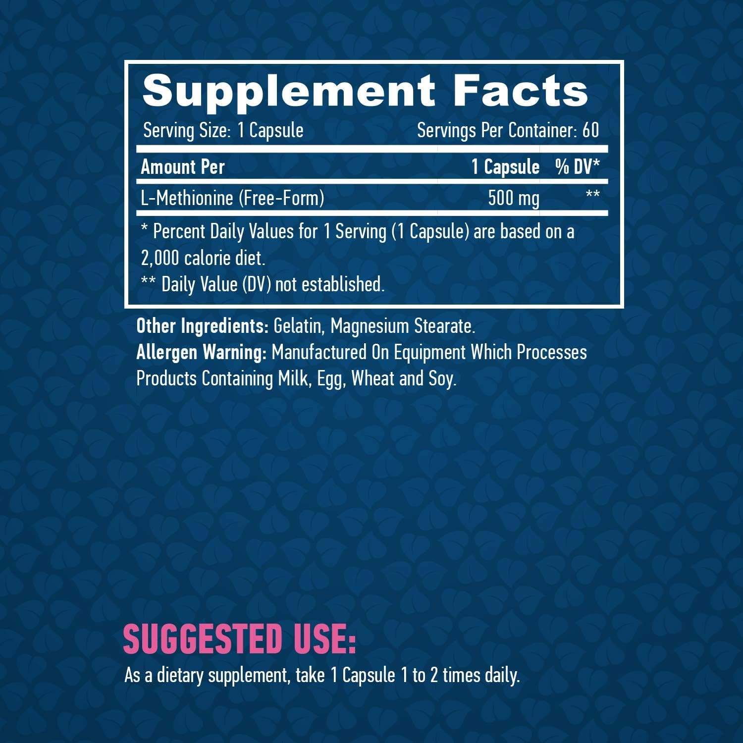 Haya Labs L-Methionine, 500 mg, 60 Caps

