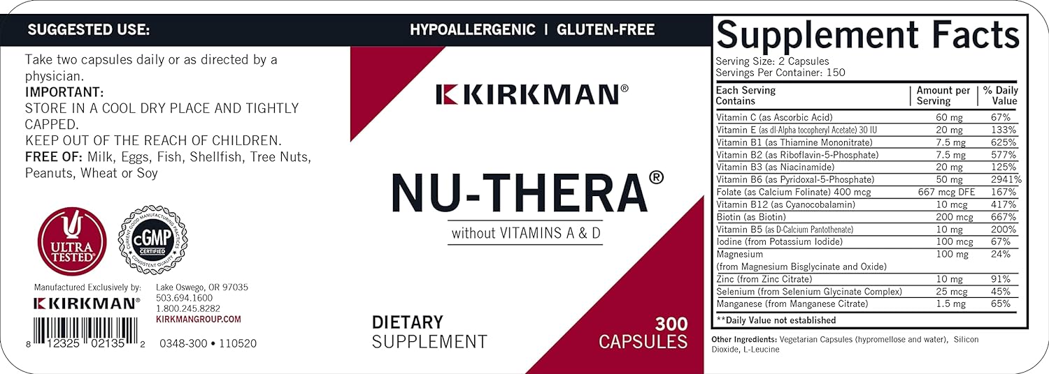 Kirkman Nu-Thera Without Vitamins A & D - Hypoallergenic || 300 Vegeta