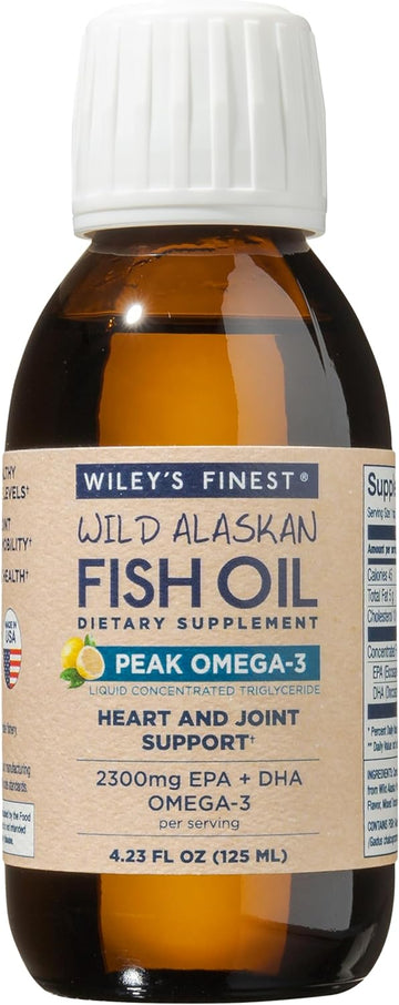 Wiley's Finest Wild Alaskan Fish Oil Peak Omega-3 Liquid Supplement - 2300mg EPA and DHA Omega-3s - Lemon Flavor - 4.23