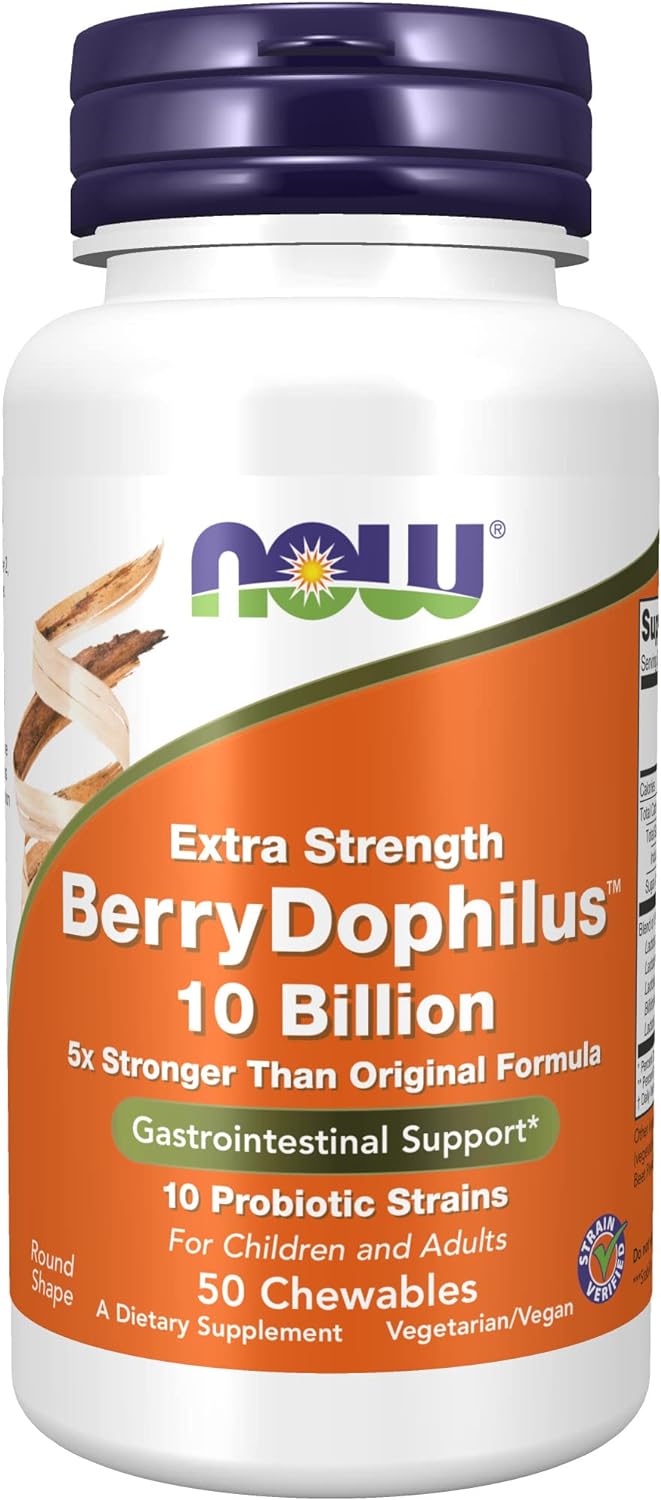 Now Supplements, Berrydophilus, Developed For Adults & Children With 10 Probiotic Strains, Extra Strength,Strain Verified, 50 Chewables