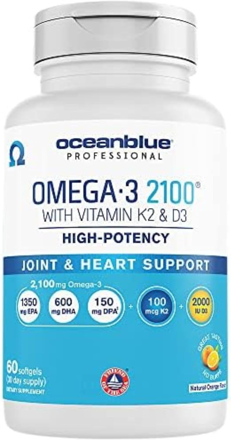 Oceanblue Professional Omega-3 2100 with Vitamin K2 and Vitamin D3-60 Count - Triple Strength Burpless Fish Oil Omega-3