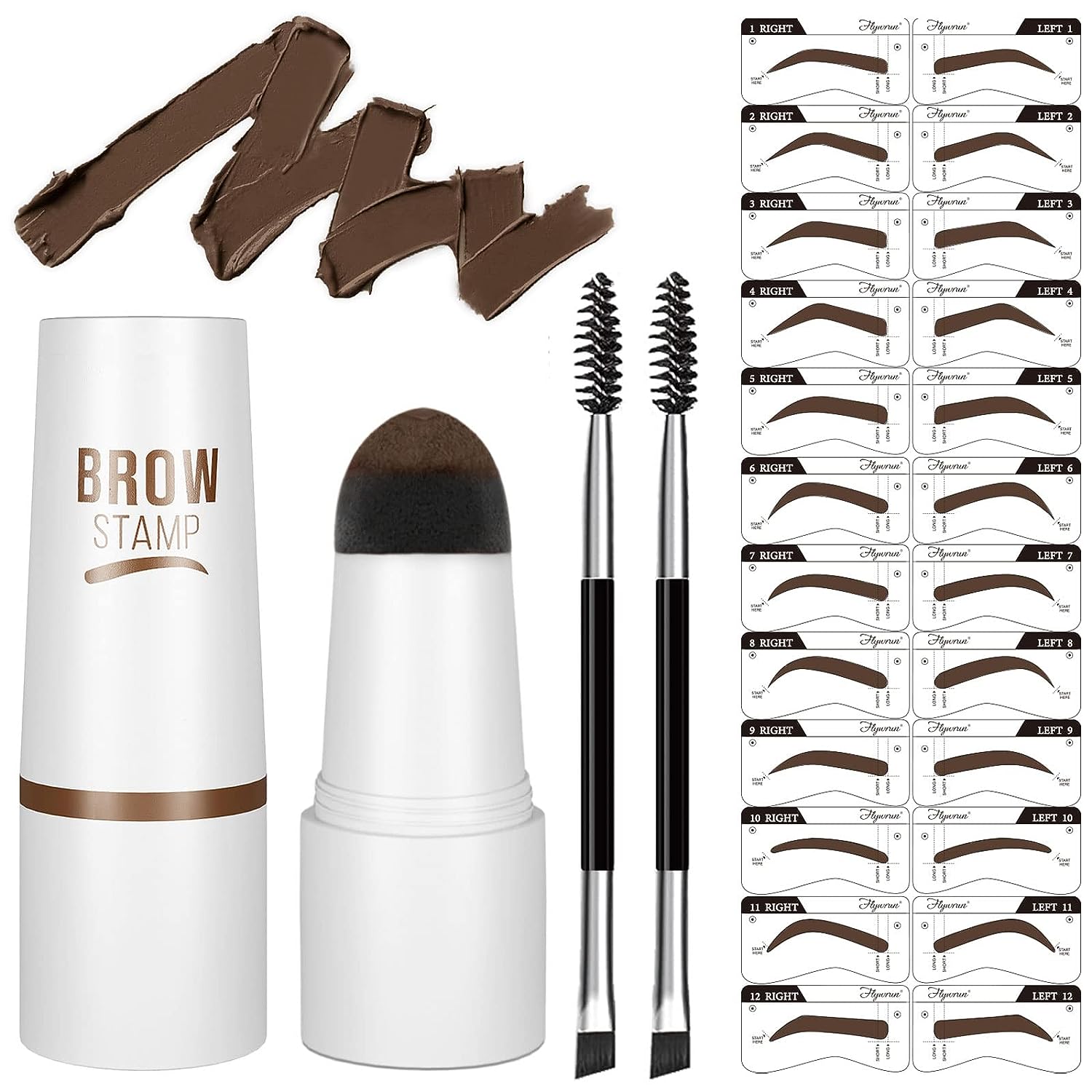 ywrun Eyebrow Stamp Stencil Kit - One-Step Vegan Eyebrow Stamp Pomade - Long-Lasting Waterproof Smudge-Proof - With 20Pcs Reusable Thin & Thick Eyebrow Stencils for Perfect Brows (Dark Brown)