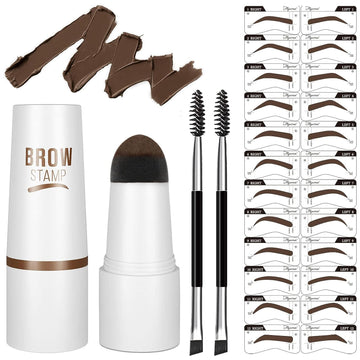 ywrun Eyebrow Stamp Stencil Kit - One-Step Vegan Eyebrow Stamp Pomade - Long-Lasting Waterproof Smudge-Proof - With 20Pcs Reusable Thin & Thick Eyebrow Stencils for Perfect Brows (Dark Brown)