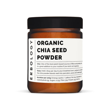 Erbology 100% Organic Chia Powder  - Cold-Pressed from 100% Chia Seeds - High in Fiber and Protein - Rich in Minerals - Raw, Vegan and Gluten-Free - Non-GMO - Recyclable Glass Jar
