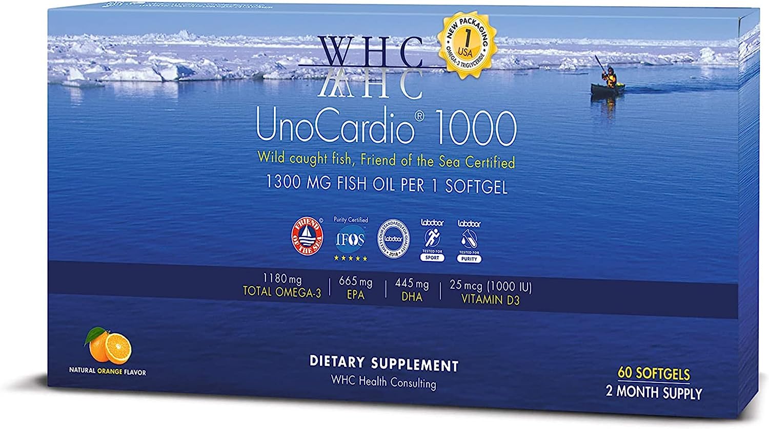 WHC, UnoCardio 1000 Fish Oil, 1300 mg of Pure Triglyceride Fish Oil with Omega-3 (1180 mg), 665 mg EPA and 445 mg DHA an