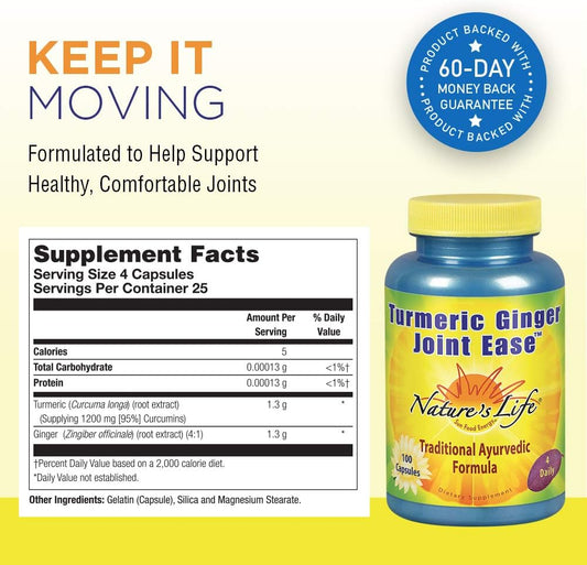 Nature's Life Turmeric Ginger Joint Ease | Non-GMO | 100 Gelatin Capsu