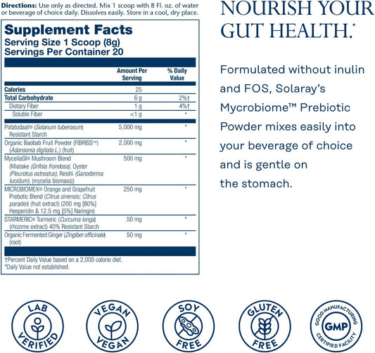 SOLARAY Mycrobiome Prebiotic Powder, Prebiotics for Women and Men, Dig8 Ounces