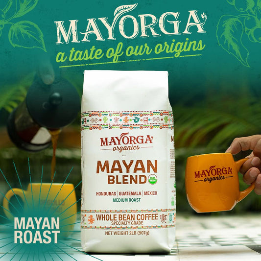 Mayorga Medium Roast Whole Bean Coffee bag - Mayan Blend Coffee Roast - Smooth & Flavorful Organic Coffee - Specialty Grade 100% Arabica Coffee Beans - Non-GMO, Direct Trade