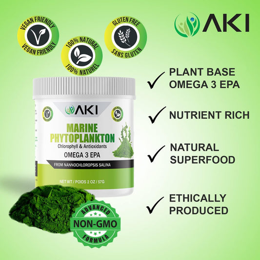 AKI Marine Phytoplankton Powder (2 Oz / 57G) Raw Omega 3 EPA Micro Algae Nannochloropsis - Plant Based Proteins, Vitamin