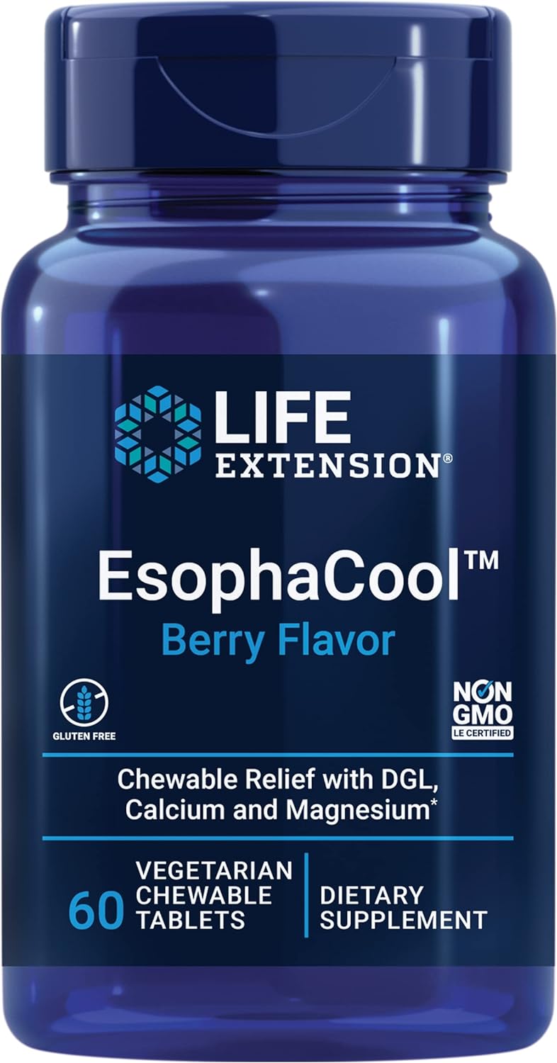 Life Extension EsophaCool - Gut Health Supplements with Calcium, Magnesium & DGL Licorice Root Extract for Healthy Digestion Stomach Relief & PH Balance - Gluten-Free, Vegetarian - 60 Chewable Tablets