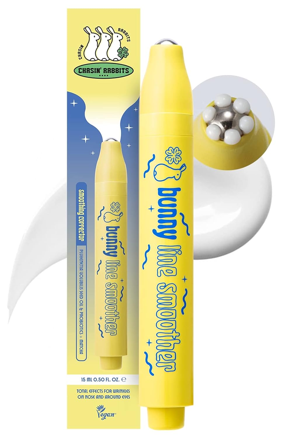 CHASIN' RABBITS Bunny Line Smoother Eye Cream Roller | Vegan Korean Skin Care Eye Cream with Surgical Steel Ball Rolling Stick | Eye Roller for Wrinkles, Dark Circles and Under Eye Bags (0.5)