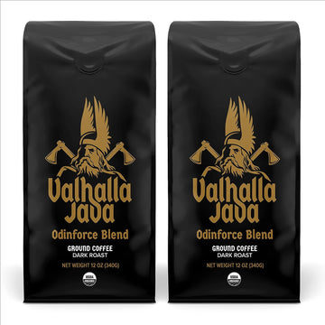 Death Wish Coffee Valhalla Java Odinforce Blend - Ground Dark Roast - Extra Kick of Caffeine- Arabica & Robusta Coffee Beans - Dark Roast Coffee - 2 Bags