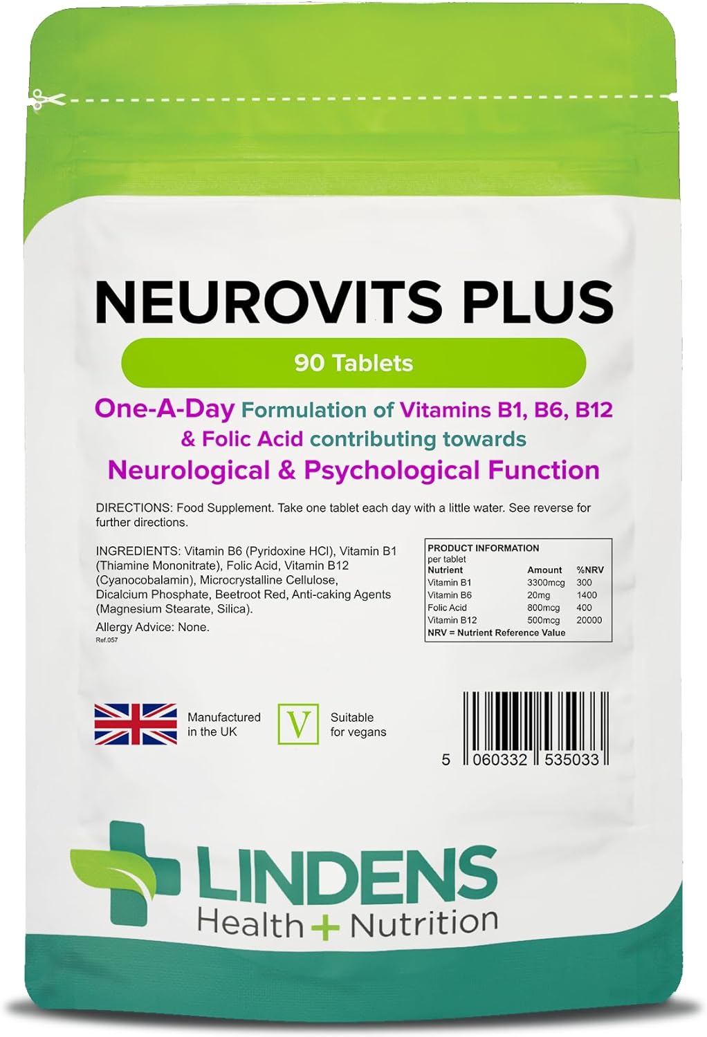 Lindens Neurovits Plus Tablets - 90 Pack - Contains Vitamin B1, B6, B10.05 Grams