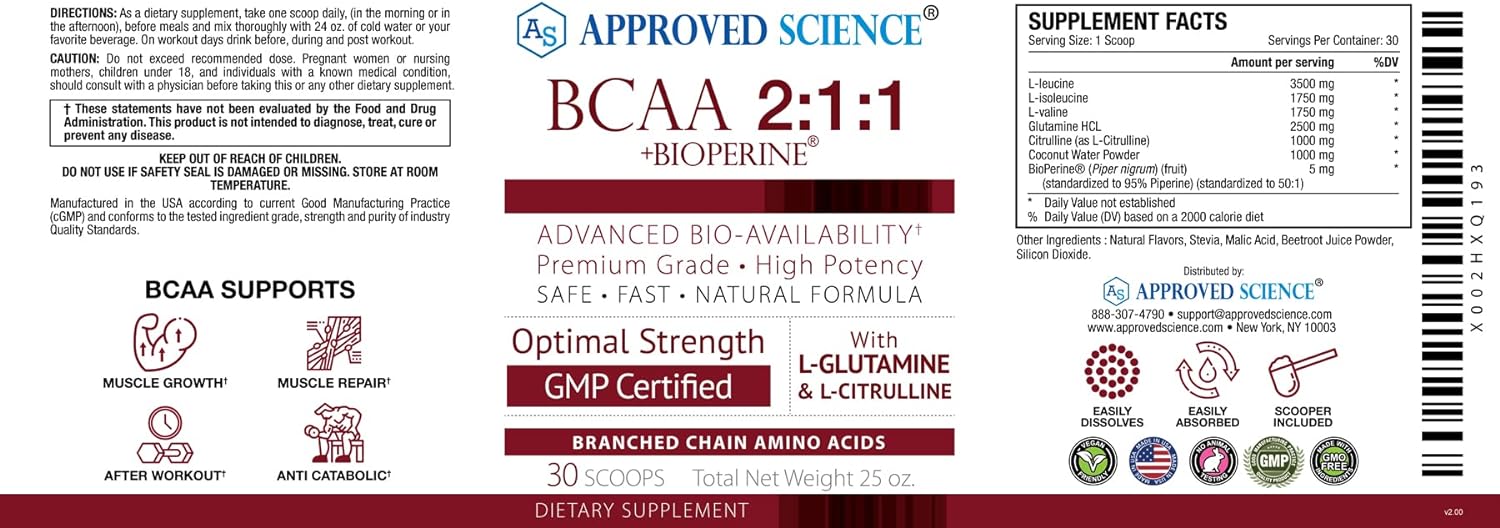 Approved Science® BCAA Powder - 2:1:1 BCAA Ratio - 3500 mg L-Leucine -