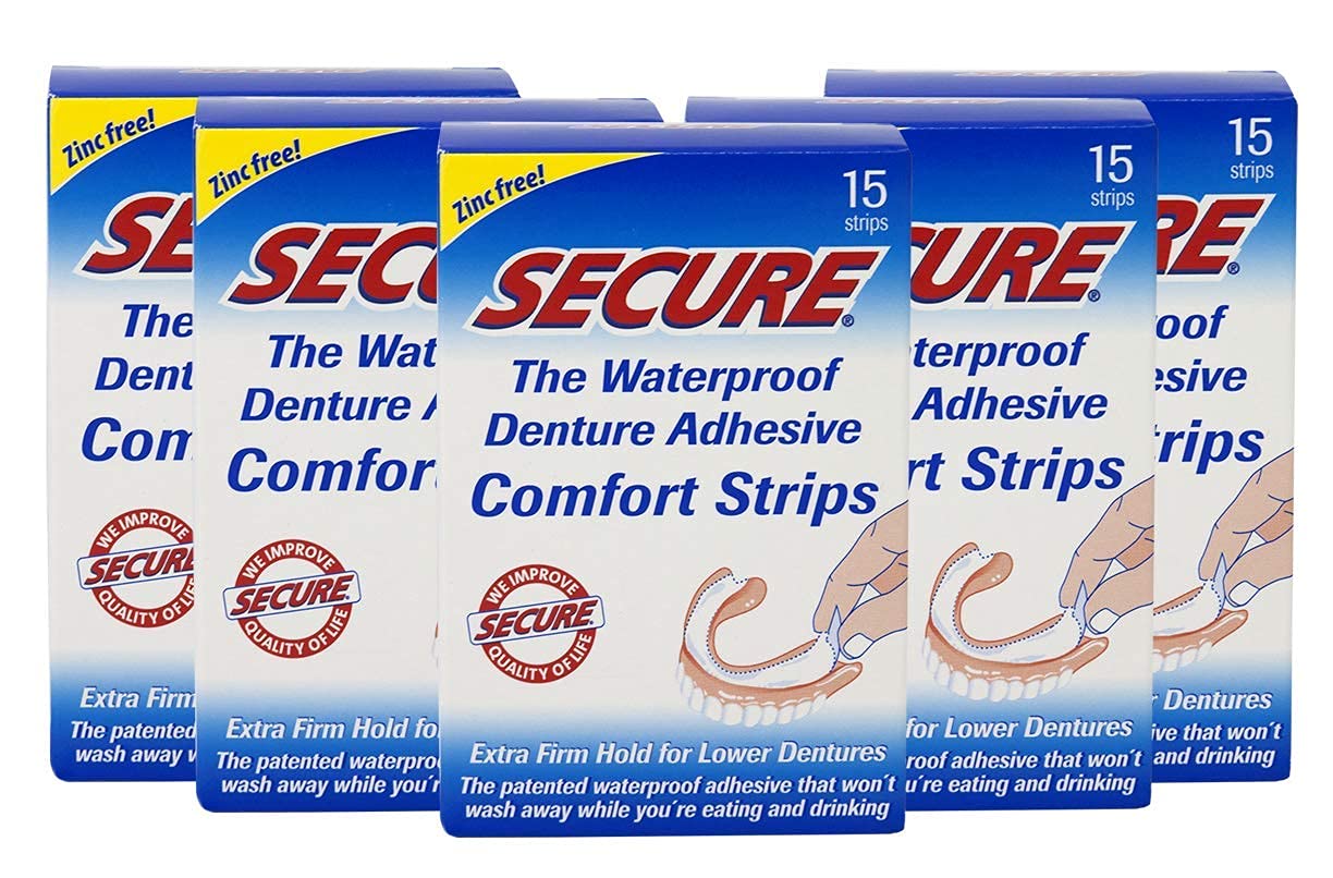 Secure Comfort Strips Waterproof Denture Adhesive - Customizable Fit, Extra Firm All Day Strong Hold for Lower Dentures - Zinc Free - 75 Strips (5 Pack)