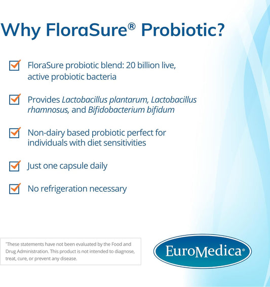 Euromedica Florasure Probiotic - 30 Capsules - Supports Healthy Gut Fl2.4 Ounces
