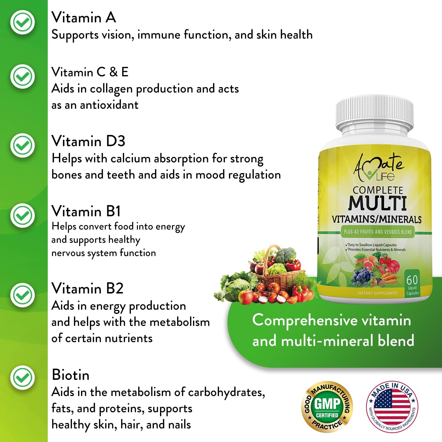 Amate Life Multivitamins/Minerals Capsules with Zinc and Premium 42 Fr