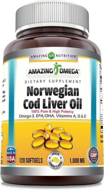 Amazing Omega Norwegian Cod Liver Oil 1000 Mg Softgels Supplement | Omega-3, EPA, DHA, Vitamin A, Vitamin D & Vitamin E