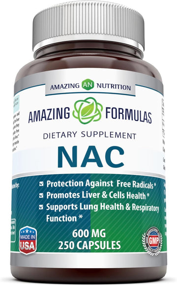 Amazing Formulas NAC 600Mg, 250 Capsules - (Non GMO,Gluten Free) - Protection Againts Free Radicals - Promotes Liver & Cell Health - Supports Lung Health & Respiratory Function