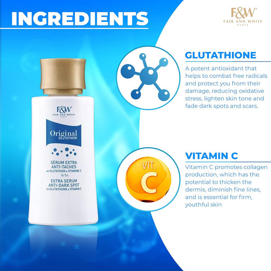 Fair and White Original Glutathione Dark Spot Serum - 1   / 30 - Skin Brightening Serum, Helps to Reduce Skin Pigmentation - Skin Brightening Serum for Face & Body - with Glutathione & Vitamin C