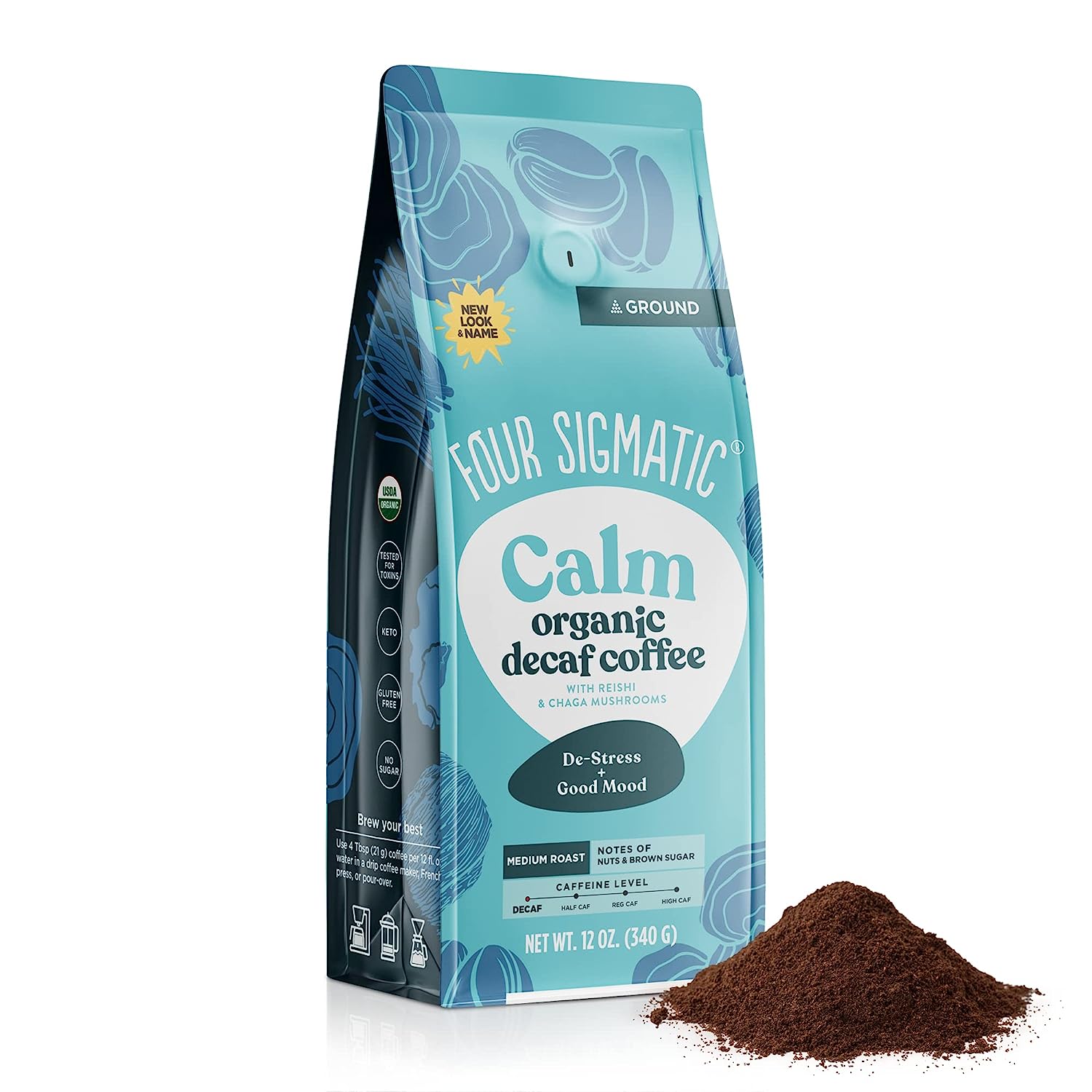 Organic Decaf Ground Coffee by Four Sigmatic | Swiss Water Decaf Coffee Ground | Decaffeinated Coffee with Chaga & Reishi Mushroom Extracts | Decaf Coffee for Immune Support & Stress Relief | Bag